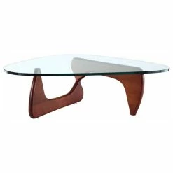 Interior Modern Abstract Triangle Glass Top Modern Coffee Table Wooden Base, Cherry