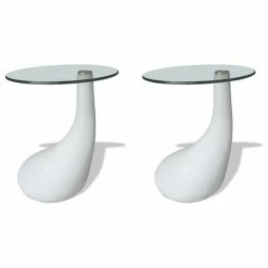 Vida XL International B.V. VidaXL 2x Coffee Tables With Round Glass Top Accent Table High Gloss White