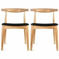 Homedotdot Set Of 2 Elbow Farmhouse Wooden Dining Chairs With PU Leather Seat, Natural