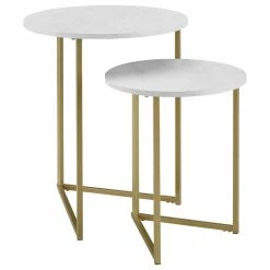 Walker Edison 2-Piece V-Leg Nesting Side Tables, White Faux Marble/Gold