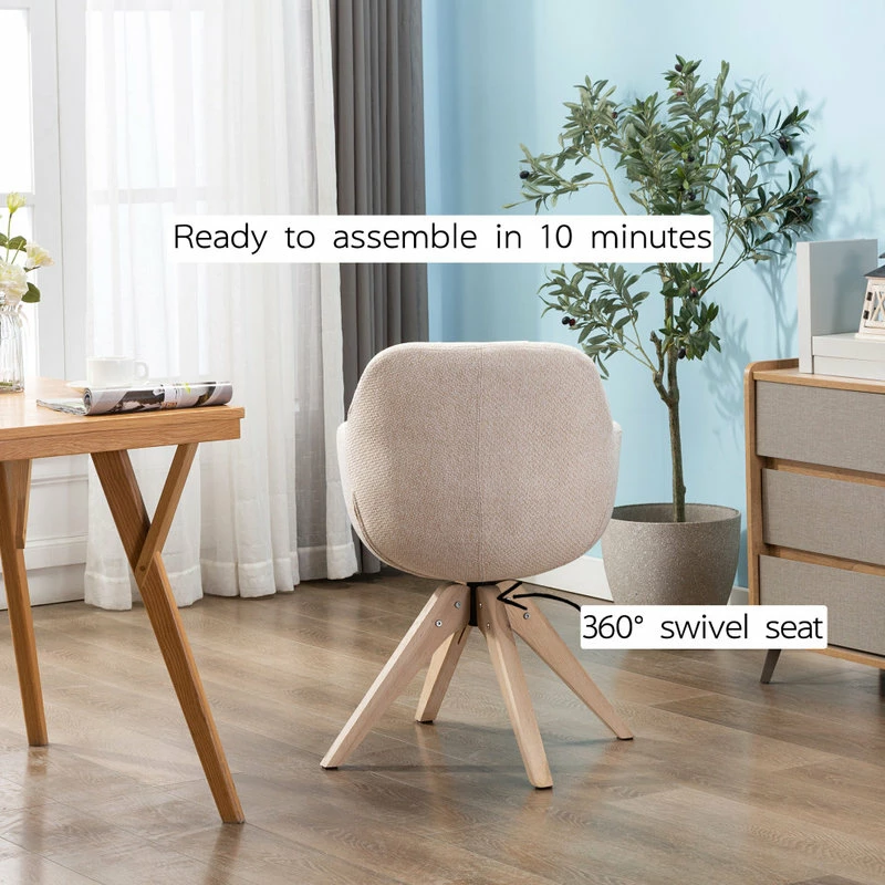 KINWELL Swivel Desk Chair No Wheels Upholstered Dining Chair Armchair, Beige - Image 8