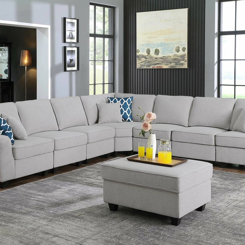 Lilola Home Leo Light Gray Linen Fabric 8Pc Modular L-Shape Sectional Sofa And Ottoman - Image 2