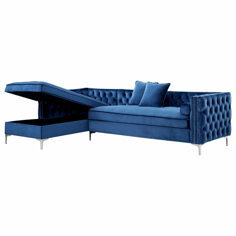 Inspired Home Jeannie Velvet Tufted With Nailhead Trim Sectional, Navy, Left Facing Chaise - Image 5