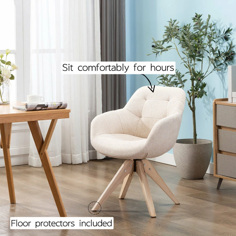 KINWELL Swivel Desk Chair No Wheels Upholstered Dining Chair Armchair, Beige - Image 5