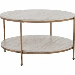 SEI Furniture Silas Round Faux Stone Cocktail Table - Champagne With Faux Travertine