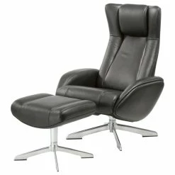 World Source Design LLC Tahiti Top Grain Leather Ergonomic Manual Recliner & Ottoman Set, Black/Silver