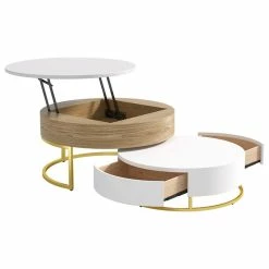HOMARY Nesnesis Modern Round Nesting Wood Coffee Table With Drawers, White/Natural