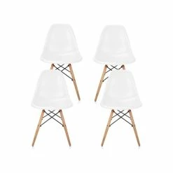 CozyBlock White DSW Midcentury Dining Shell Chairs, Beech Wood Eiffel Legs, Set Of 4