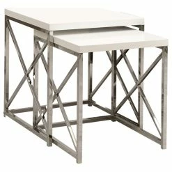Monarch Specialties Nesting Tables With Chrome Metal Base, 2-Piece Set, Glossy White
