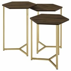 Walker Edison Transitional Hex Wood And Metal 3-Piece Nesting Table Set, Dark Walnut