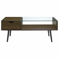 Walker Edison 42" Wood And Glass Coffee Table, Dark Walnut