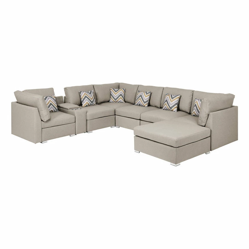 Lilola Home Amira Beige Linen Fabric Reversible Sectional Sofa With USB Storage Console - Image 5