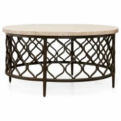 Steve Silver Roland Round White Stone Top With Bronze Metal Base Coffee Table