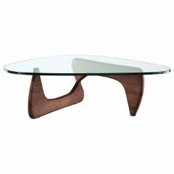 Interior Modern Abstract Triangle Glass Top Modern Coffee Table Wooden Base, Walnut