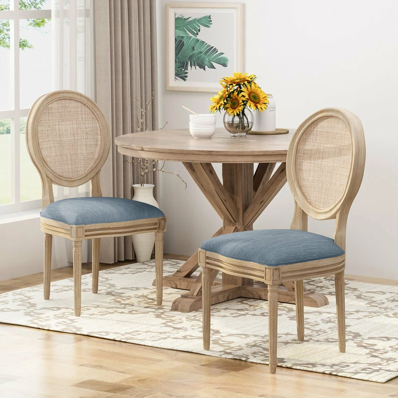 GDFStudio Camilo Wooden Dining Chair With Wicker And Fabric Seating, Set Of 2, Light Blue - Image 2