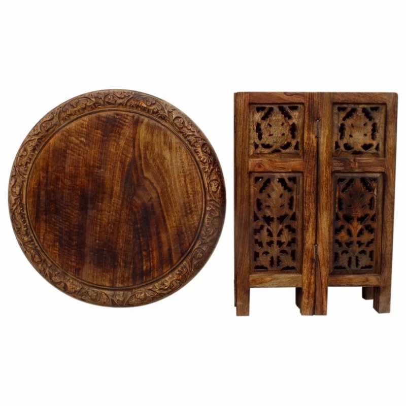 Benzara, Woodland Imprts, The Urban Port The Urban Port Wooden Hand Carved Folding Accent Coffee Table, Brown - Image 2