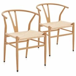 Belleze Set Of 2 Weave Dining Chair, Mid-Century Metal Y-Shaped Backrest Accent Chair