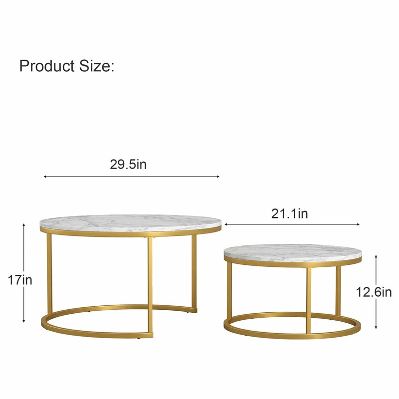CIPACHO 29 .5" Golden Frame Marble Color Top Round Wood Coffee Table, 2-Piece Set - Image 4