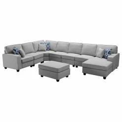 Lilola Home Irma Light Gray Linen 8-Piece Modular Sectional Sofa Chaise And Ottoman