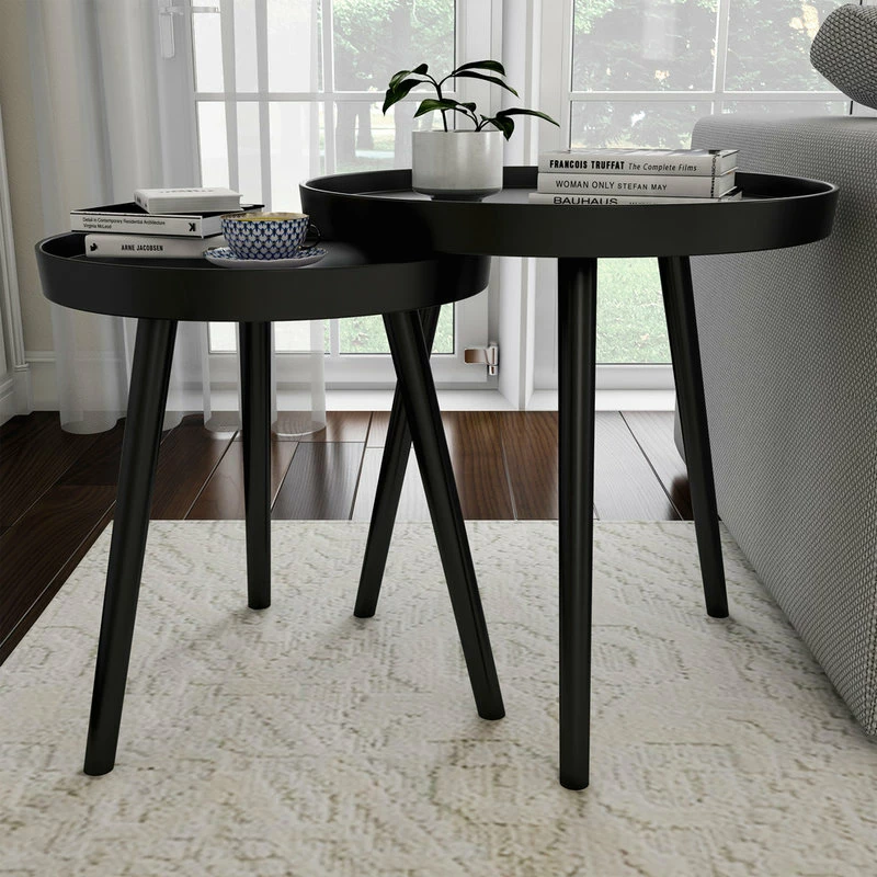 Lavish Home Pair Nesting Accent Tables With Tray Top, Black - Image 2