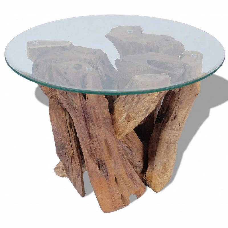 Vida XL International B.V. VidaXL Solid Teak Driftwood Coffee Table Living Room Side Stand Glass Tabletop - Image 3