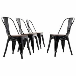 Belleze Wood Seat Metal Dining Chairs, Set Of 4, Black