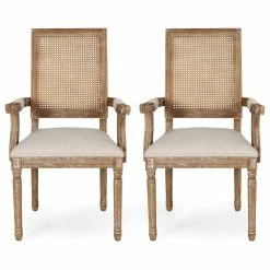 GDFStudio Zentner Wood And Cane Upholstered Dining Chair, Beige + Natural, Set Of 2