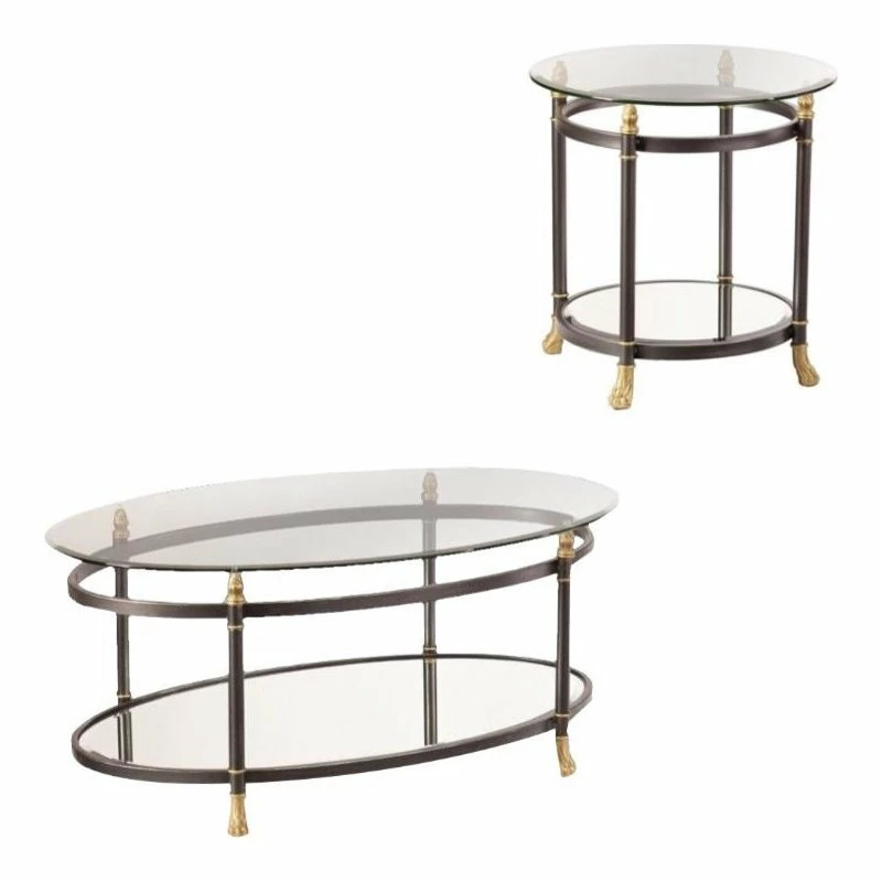 SEI Furniture Allesandro 2 Piece Oval Glass Coffee Table And Round Glass End Table Set In Gold