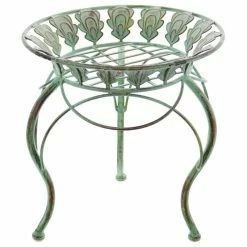 Home Garden Collections 13" Round Metal Plant Stand With Peacock Tail Motif And Curved Legs