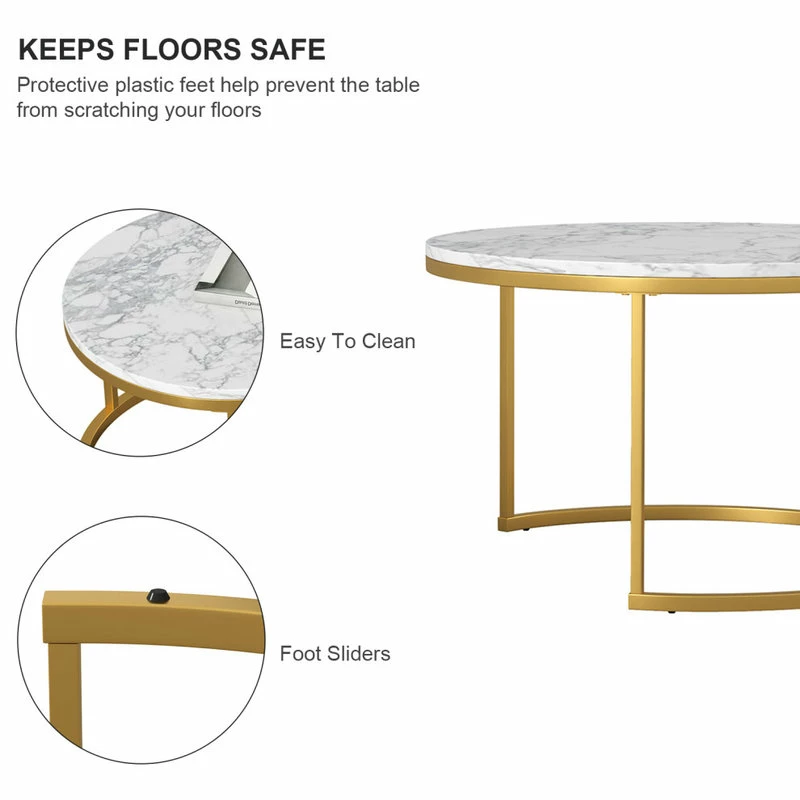 CIPACHO 29 .5" Golden Frame Marble Color Top Round Wood Coffee Table, 2-Piece Set - Image 5