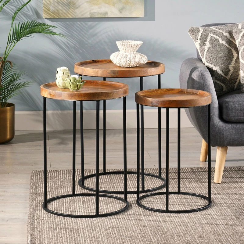 GDFStudio Colwill Modern Industrial Handcrafted Mango Wood Nested Side Tables (Set Of 3) - Image 2