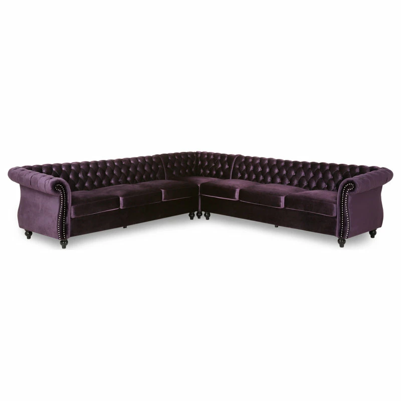 GDFStudio Annabelle 7 Seater Velvet Tufted Chesterfield Sectional, Blackberry, Dark Brown