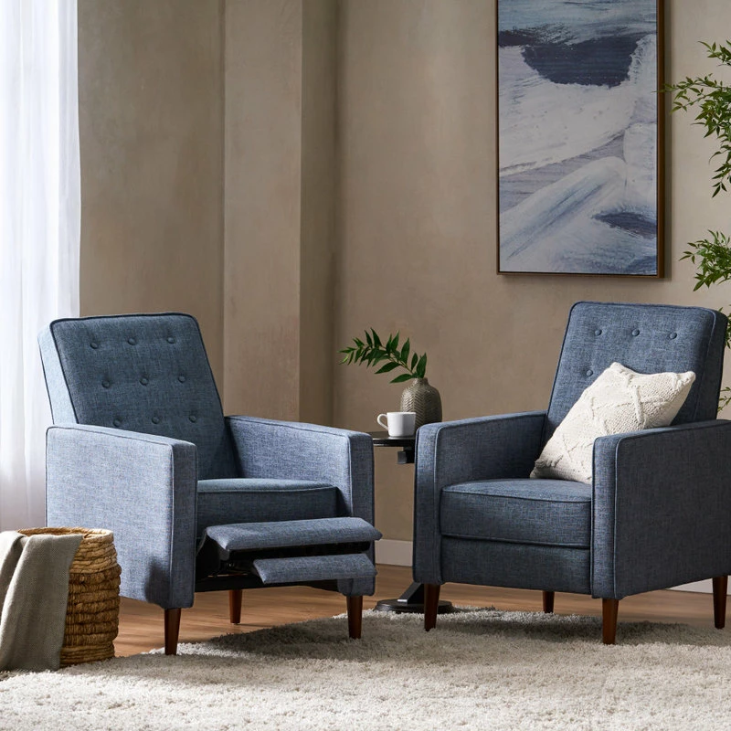 GDFStudio Marston Mid-Century Modern Button Tufted Fabric Recliner, Set Of 2, Fabric/Dark Blue - Image 3