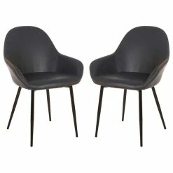 Glitzhome Mid-Century Modern Vintage Navy Blue Leatherette Dining Armchair, Set Of 2