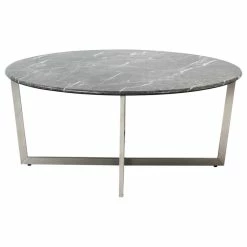 Euro Style Llona 36" Round Coffee Table In Marble Melamine With Stainless Steel Base, Black