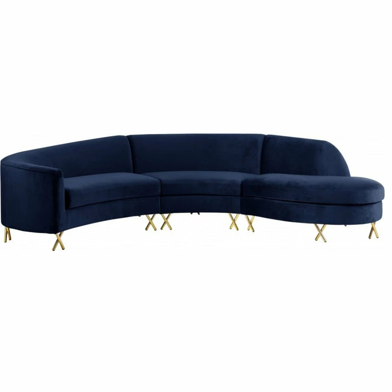 Meridian Furniture Serpentine Velvet 3-Piece Sectional, Navy
