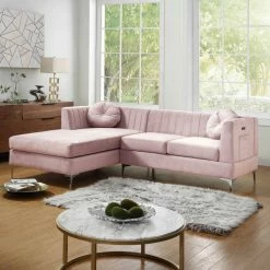 Lilola Home Chloe Velvet Sectional Sofa Chaise With USB Charging Port, Pink