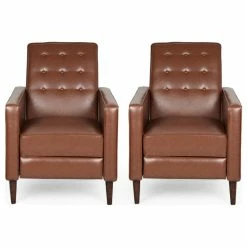GDFStudio Marston Mid-Century Modern Button Tufted Fabric Recliner, Set Of 2, Faux Leather/Cognac Brown/Dark Brown