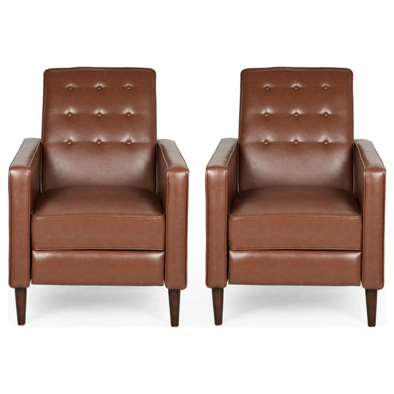GDFStudio Marston Mid-Century Modern Button Tufted Fabric Recliner, Set Of 2, Faux Leather/Cognac Brown/Dark Brown