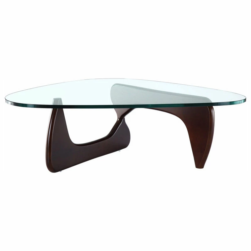 Interior Modern Abstract Triangle Glass Top Modern Coffee Table Wooden Base, Dark Walnut - Image 2