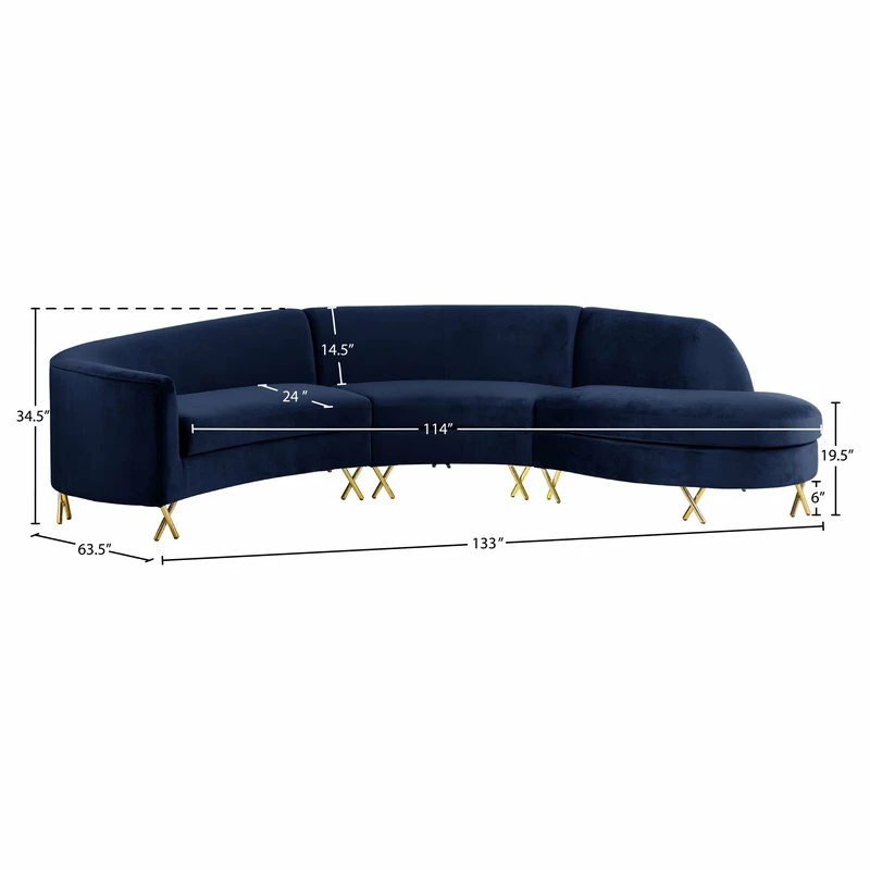 Meridian Furniture Serpentine Velvet 3-Piece Sectional, Navy - Image 7